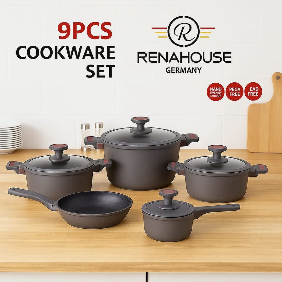 Set de Ollas Renahouse Germany 9 Piezas | Antiadherentes Premium | Libres de PFOA y Plomo | Batería de Cocina de Lujo