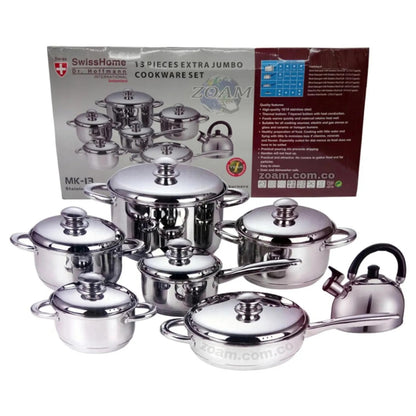 Batería de Cocina de Acero Quirurgico 13 Piezas SwissHome con Tapas y Tetera Ollas y Sartenes Premium