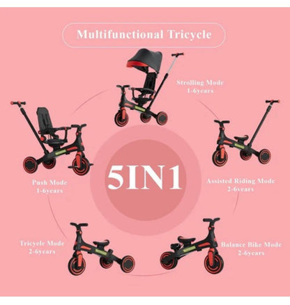 Triciclo Evolutivo 5 en 1 para Bebé con Capota, Asiento Giratorio y Manija de Control – Coche Paseador Infantil