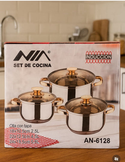 Set de Ollas de Acero Inoxidable para Inducción 6 Piezas Nía