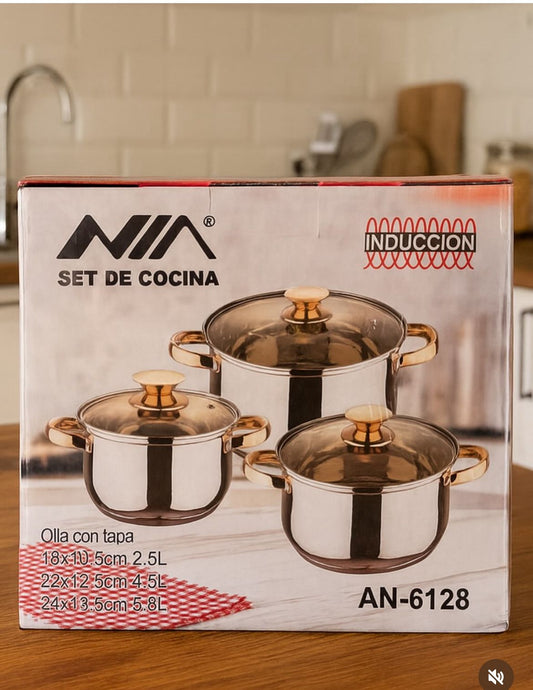 Set de Ollas de Acero Inoxidable para Inducción 6 Piezas Nía