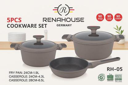 Set de Ollas Renahouse Germany 5 Piezas | Antiadherentes Premium | Libres de PFOA, Plomo y Metales Pesados | Batería de Cocina de Lujo