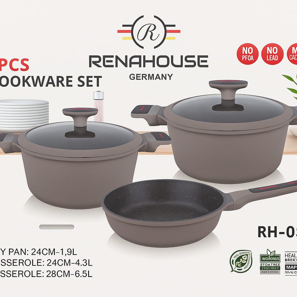 Set de Ollas Renahouse Germany 5 Piezas | Antiadherentes Premium | Libres de PFOA, Plomo y Metales Pesados | Batería de Cocina de Lujo