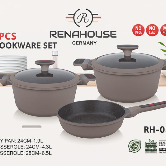 Set de Ollas Renahouse Germany 5 Piezas | Antiadherentes Premium | Libres de PFOA, Plomo y Metales Pesados | Batería de Cocina de Lujo