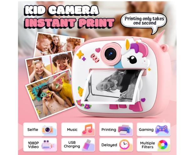 Cámara Fotográfica Infantil Unicornio Instantánea | Cámara Digital para Niños con Impresión Térmica, Juegos y Video