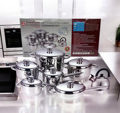 Batería de Cocina de Acero Quirurgico 13 Piezas SwissHome con Tapas y Tetera Ollas y Sartenes Premium