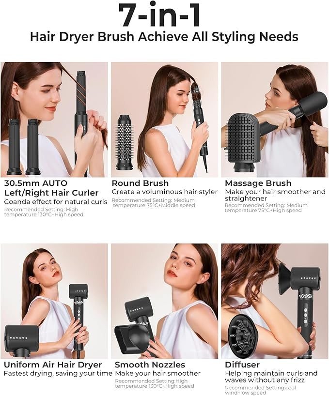 Secador y Moldeador de Cabello 7 en 1 – Secador, Alisador, Rizador y Cepillo con Tecnología Iónica y Accesorios Intercambiables