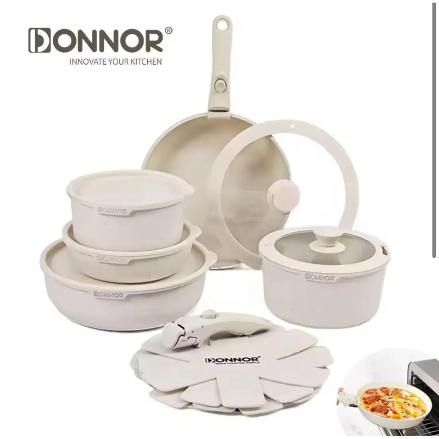 Set Juego Ollas 17 Piezas Granito Marmol Antiadherente Donnor Crema